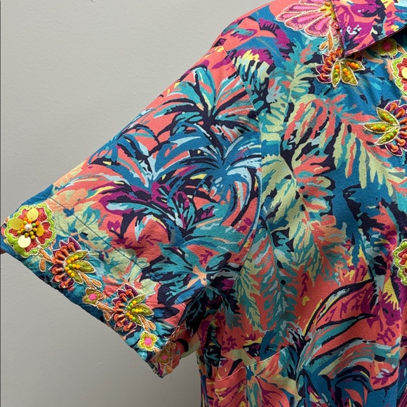 Soft Surroundings Florence Boho Embroidered Beaded Tropical Shirt Dress 2X 22W - Picture 4 of 14